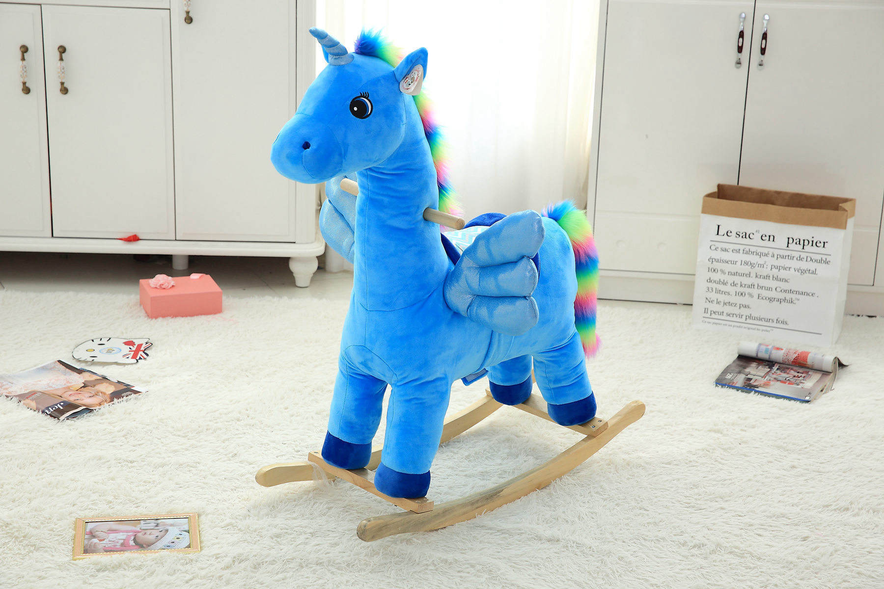 Children's wooden horse giraffe Rocking chair Plush cartoon rocking  horse baby creative birthday gift