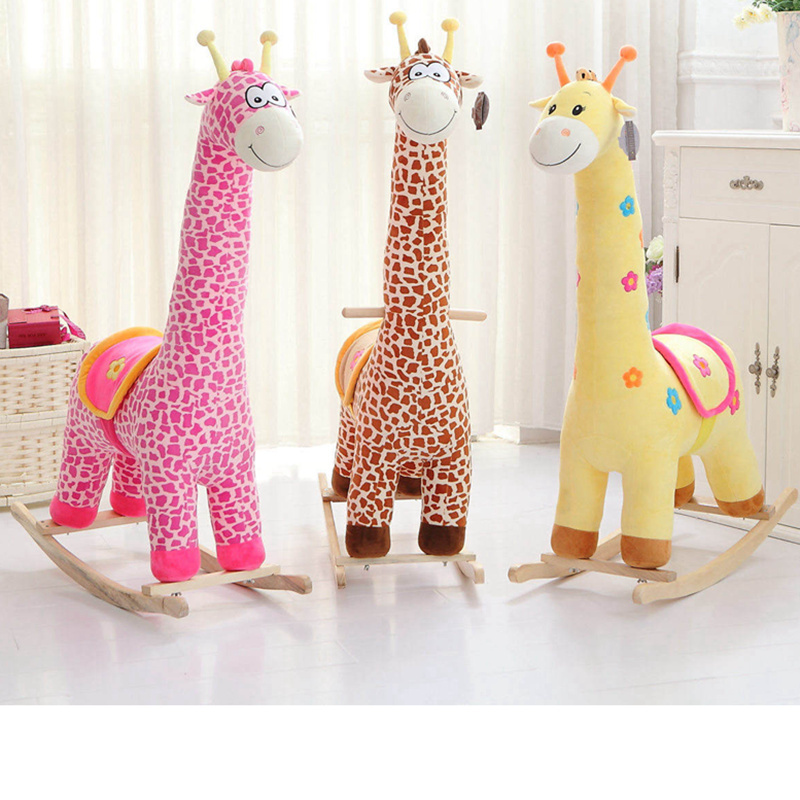 Children's wooden horse giraffe Rocking chair Plush cartoon rocking  horse baby creative birthday gift