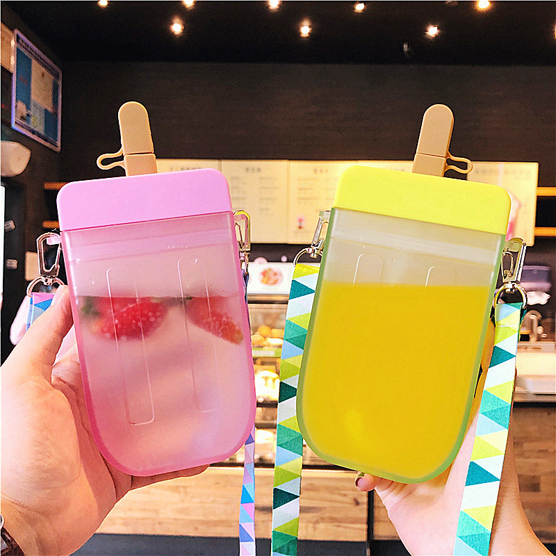 Cute Sports Popsicle Water Bottle with Adjustable Shoulder Strap Creative Portable Ice Cream Popsicle Cup for School Kids Girls