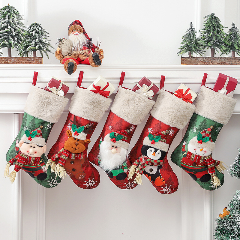 Big Xmas Stockings with Snowflake Santa Snowman Reindeer Penguin Plush Faux Fur Cuff Stockings for Hanging Xmas Home Decor