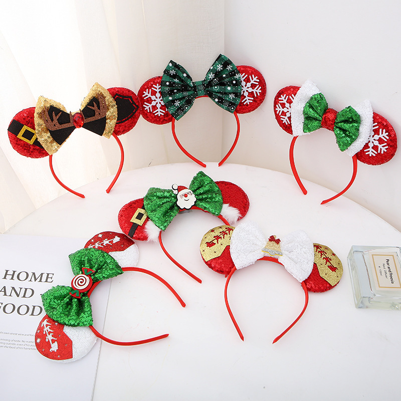 Christmas Mouse Ears Bow Headband Sequin Hair Hoop, Glitter Party Princess Decoration Cosplay Costume Accessories for Girls & Wo