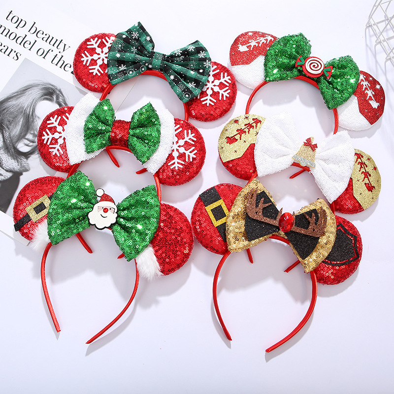 Christmas Mouse Ears Bow Headband Sequin Hair Hoop, Glitter Party Princess Decoration Cosplay Costume Accessories for Girls & Wo