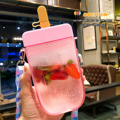 Cute Sports Popsicle Water Bottle with Adjustable Shoulder Strap Creative Portable Ice Cream Popsicle Cup for School Kids Girls