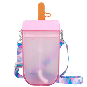 Cute Sports Popsicle Water Bottle with Adjustable Shoulder Strap Creative Portable Ice Cream Popsicle Cup for School Kids Girls