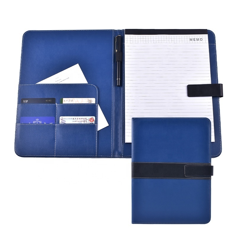 Office Document Organizer With Business Card Holders Blue A4 PU Leather Resume Portfolio Folder