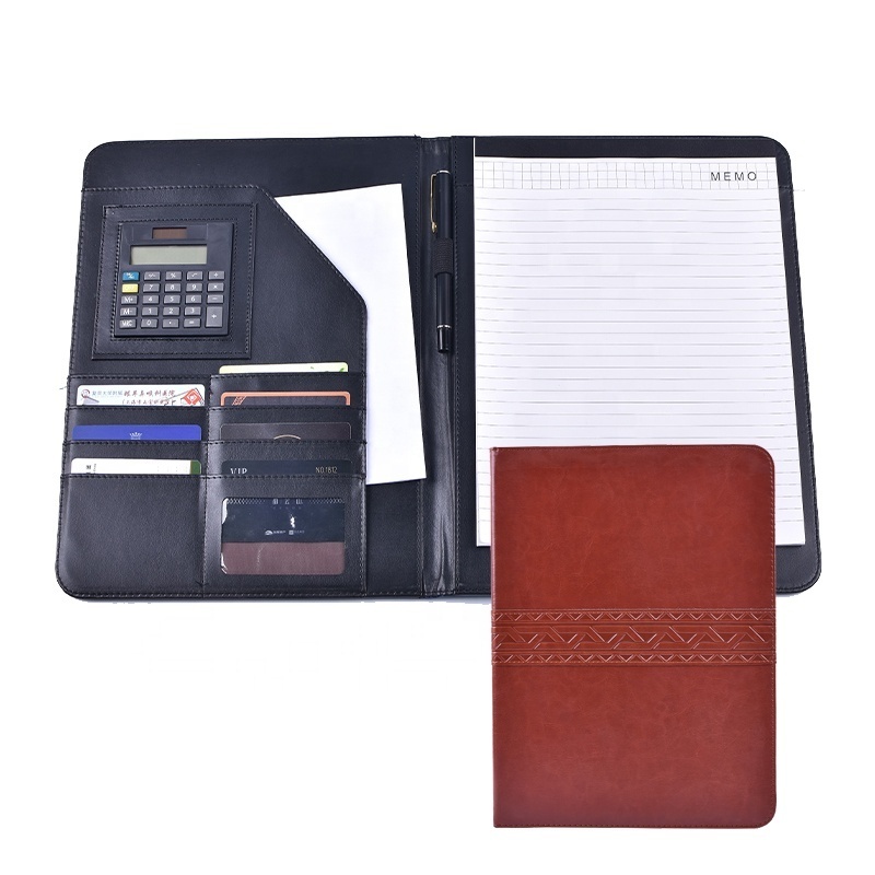 Custom A4 Business Document Folder Calculator Executive Conference Pu Leather Business Zip Portfolio