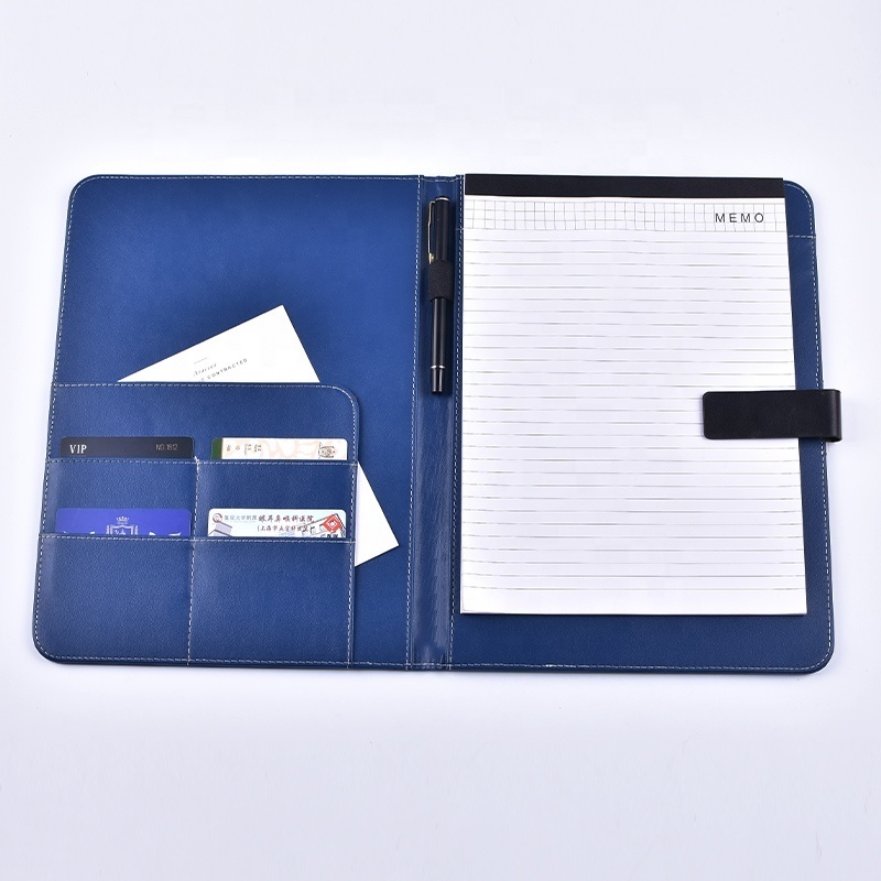 Office Document Organizer With Business Card Holders Blue A4 PU Leather Resume Portfolio Folder