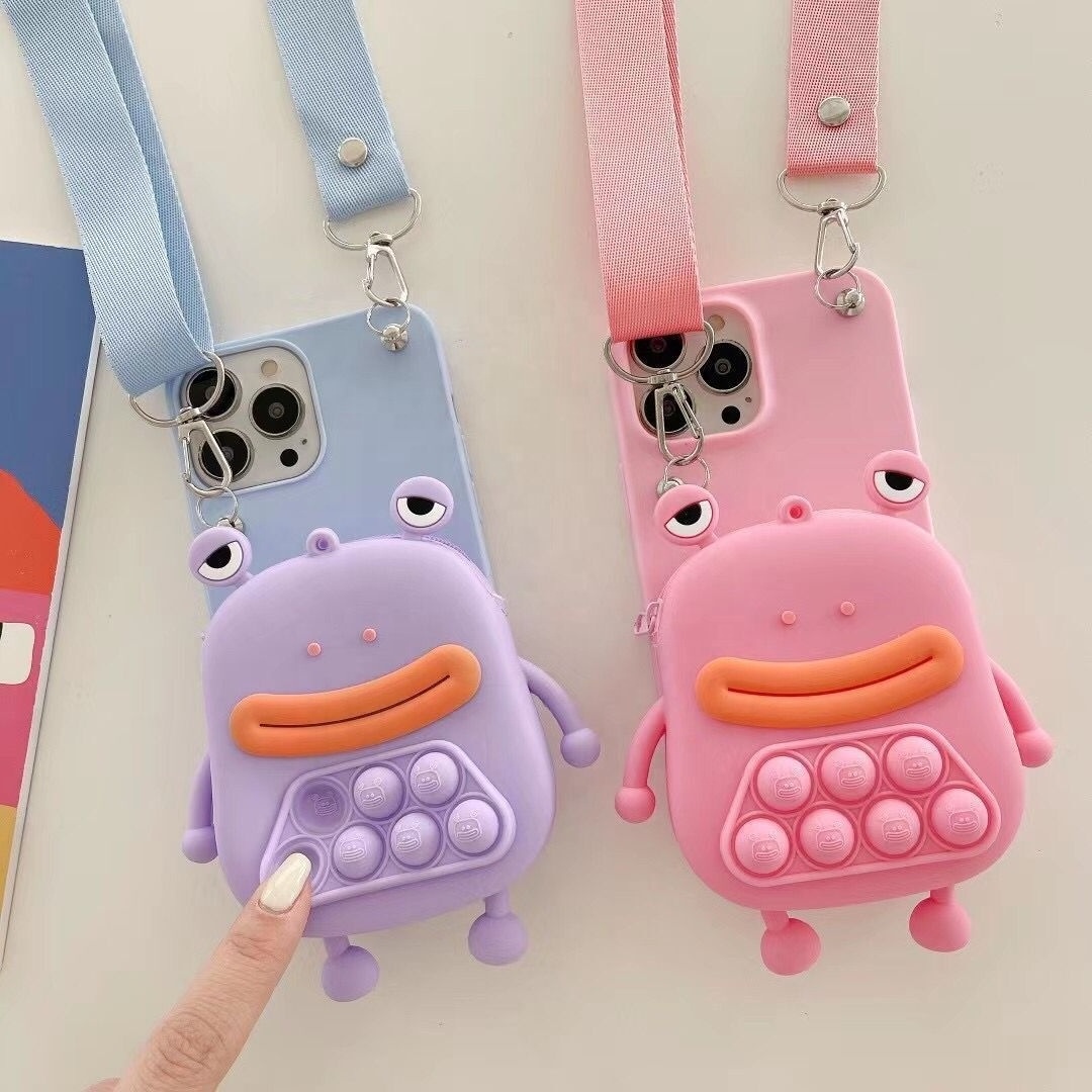 MOKO ISO BSCI shockproof Cartoon Frog Back Cover Silicone Purse Crossbody Strap Phone Case for Iphone 1112 Mini 13 14 Pro Max Xs