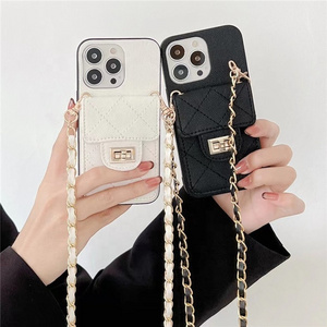 Plaid Pattern Card Holder Credit Card Wallet Phone Cover Cross Body Diagonal Chain Case for iPhone 15 14 13 12 11 pro max plus