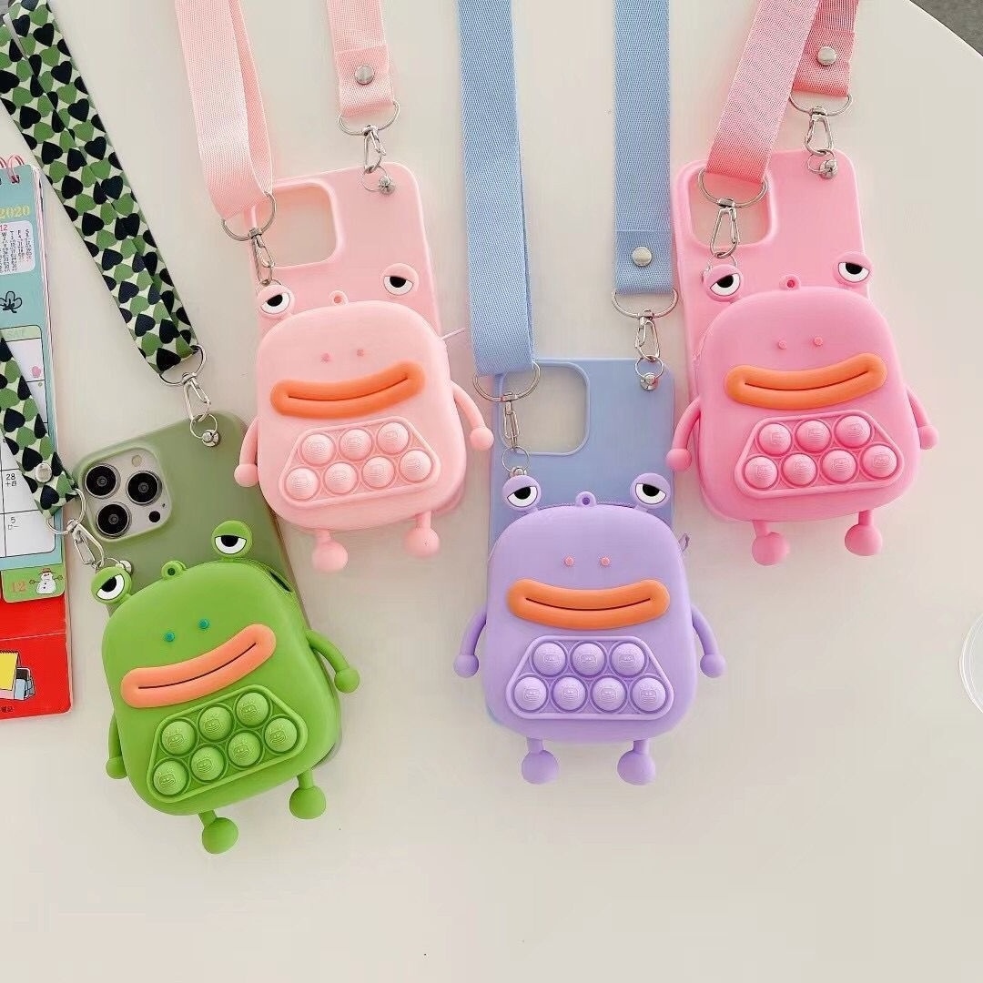 MOKO ISO BSCI shockproof Cartoon Frog Back Cover Silicone Purse Crossbody Strap Phone Case for Iphone 1112 Mini 13 14 Pro Max Xs