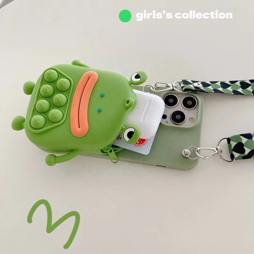 MOKO ISO BSCI shockproof Cartoon Frog Back Cover Silicone Purse Crossbody Strap Phone Case for Iphone 1112 Mini 13 14 Pro Max Xs