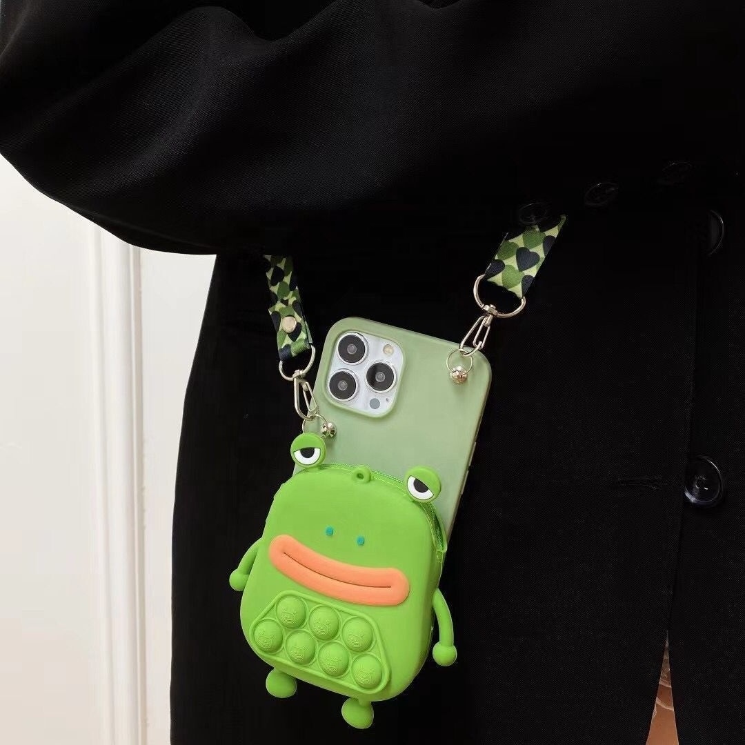 MOKO ISO BSCI shockproof Cartoon Frog Back Cover Silicone Purse Crossbody Strap Phone Case for Iphone 1112 Mini 13 14 Pro Max Xs