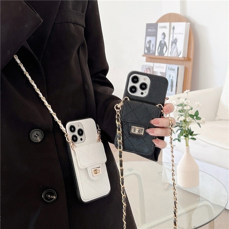 Plaid Pattern Card Holder Credit Card Wallet Phone Cover Cross Body Diagonal Chain Case for iPhone 15 14 13 12 11 pro max plus