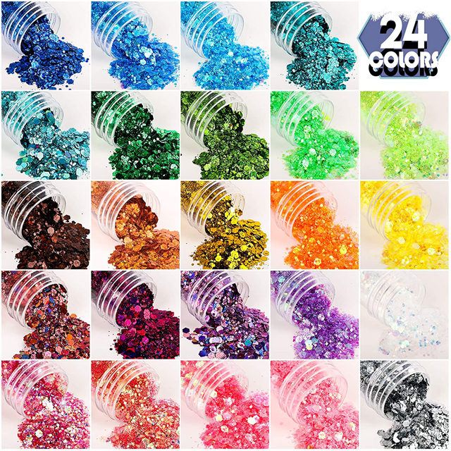 24 Boxes Holographic Chunky Glitter, Nail Art Glitter Sequins, Iridescent Glitter Flakes for Nail, Eye, Body, Face, Hair.