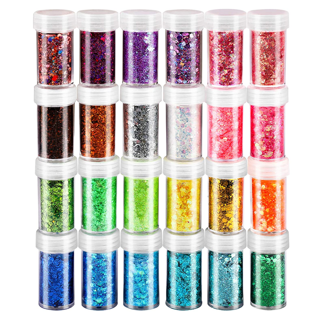 24 Boxes Holographic Chunky Glitter, Nail Art Glitter Sequins, Iridescent Glitter Flakes for Nail, Eye, Body, Face, Hair.