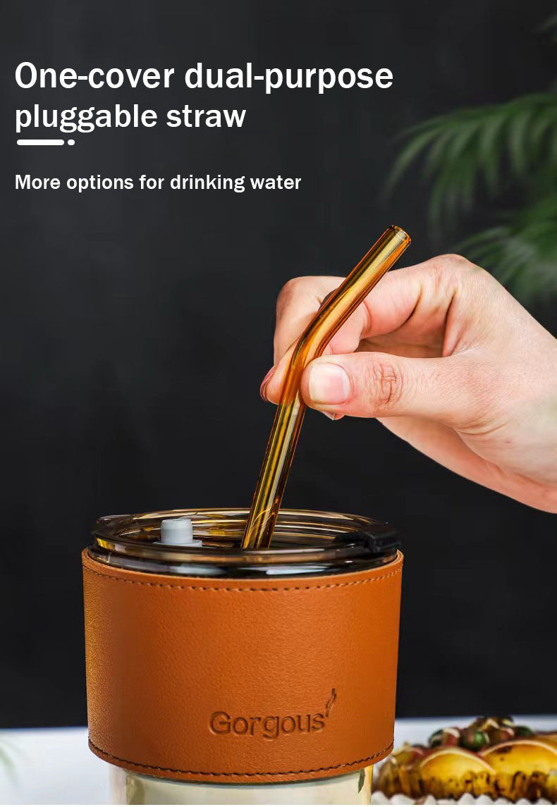 Glass travel coffee mug with lid and straw heat-resistant drinking cup with leather cup pot, plastic glass with lid and straw