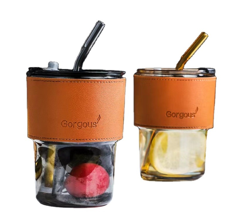 Glass travel coffee mug with lid and straw heat-resistant drinking cup with leather cup pot, plastic glass with lid and straw