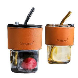 Glass travel coffee mug with lid and straw heat-resistant drinking cup with leather cup pot, plastic glass with lid and straw