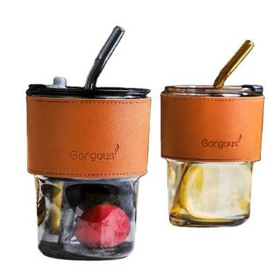 Glass travel coffee mug with lid and straw heat-resistant drinking cup with leather cup pot, plastic glass with lid and straw