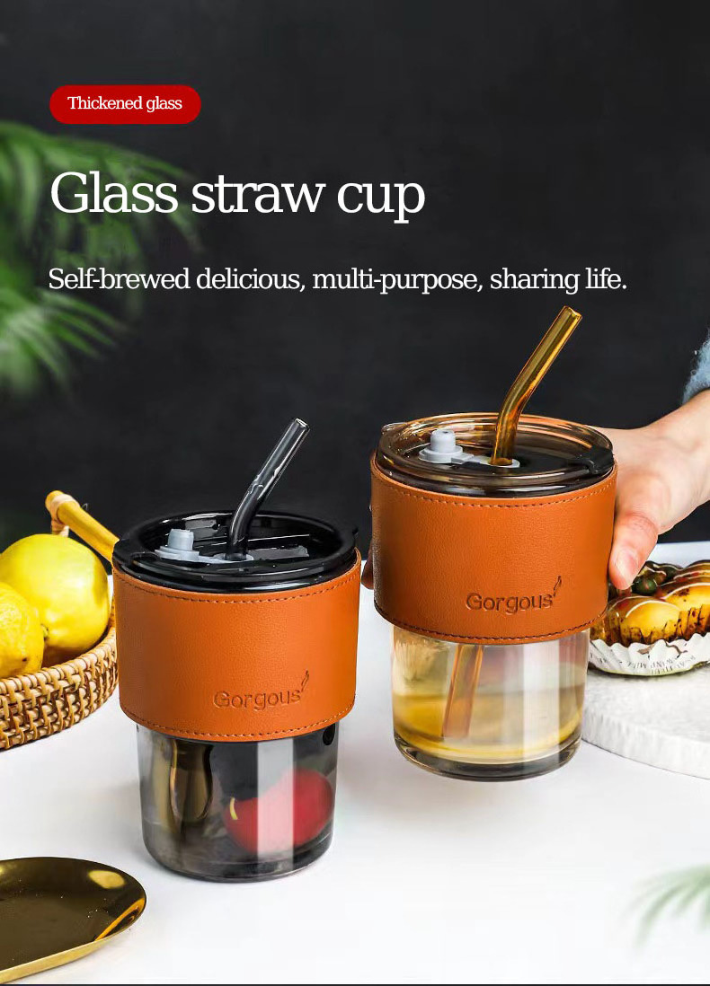 Glass travel coffee mug with lid and straw heat-resistant drinking cup with leather cup pot, plastic glass with lid and straw