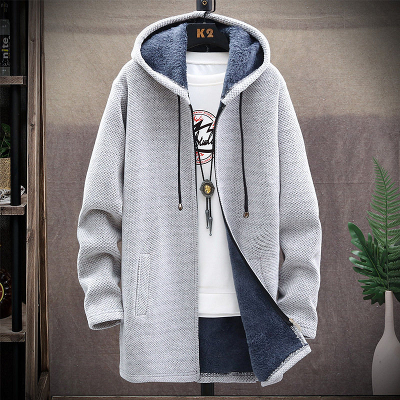 Men's medium length knitted jacket, men's plush and thick chenille hooded cardigan in stock