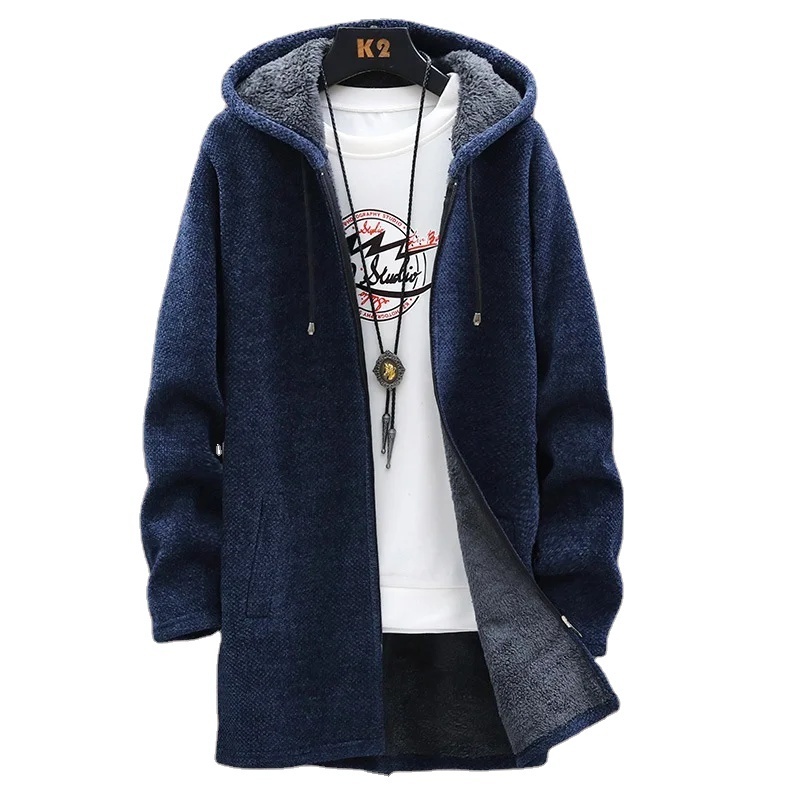 Men's medium length knitted jacket, men's plush and thick chenille hooded cardigan in stock