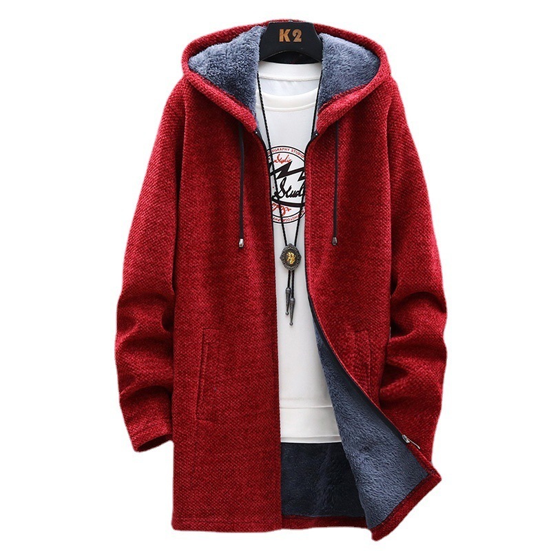 Men's medium length knitted jacket, men's plush and thick chenille hooded cardigan in stock