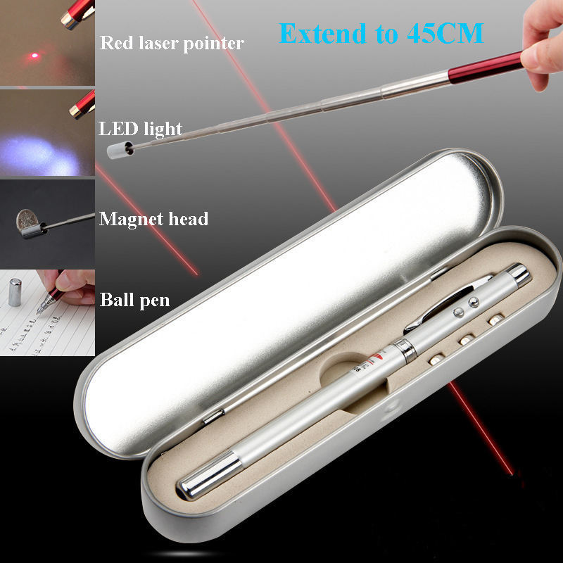 Wholesale 5 in 1 Red Pointer Retractable Telescopic Antenna Teaching Pointer Magnet Pen LED Flashlight Ball Pen with Metal Case