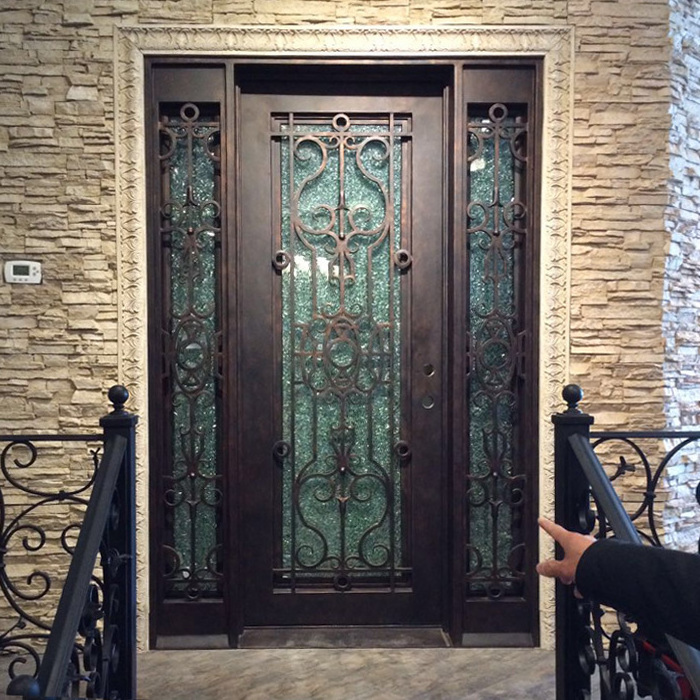 Solid security wrought iron exterior entrance french door with sidelight