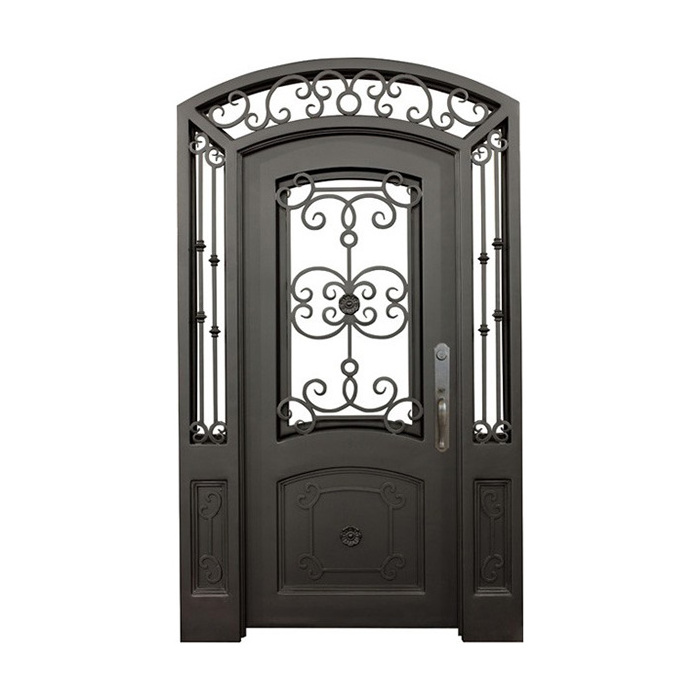 Solid security wrought iron exterior entrance french door with sidelight