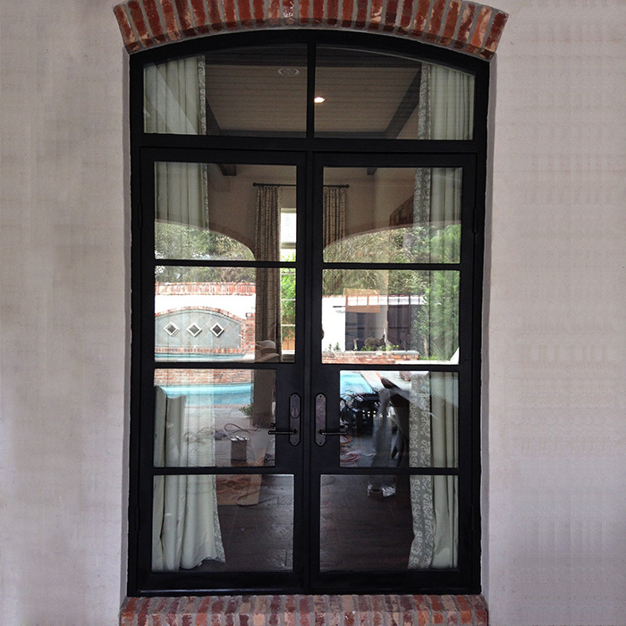 Cheap modern style wrought iron exterior arched double metal mirrored french doors designs