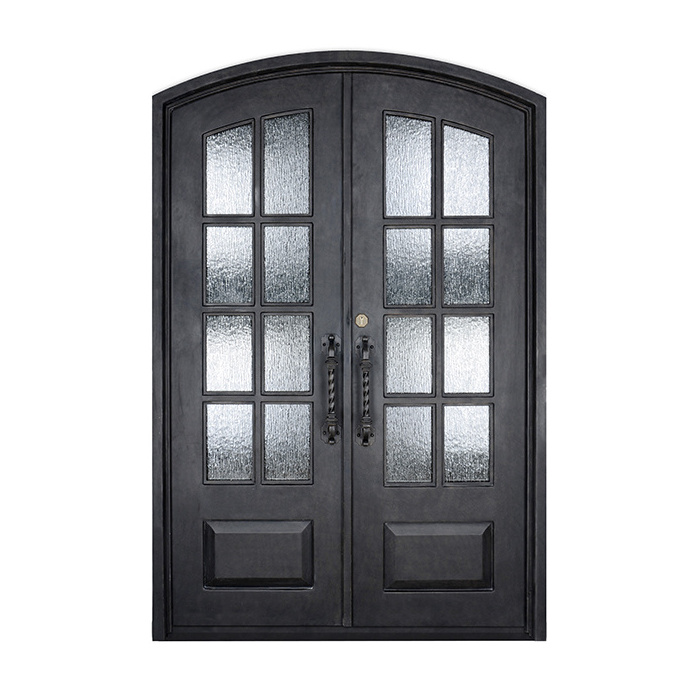 Cheap modern style wrought iron exterior arched double metal mirrored french doors designs