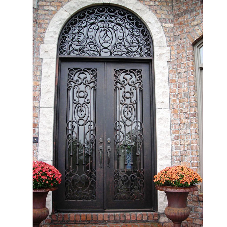 Arch top exterior double entry swing wrought iron main door design