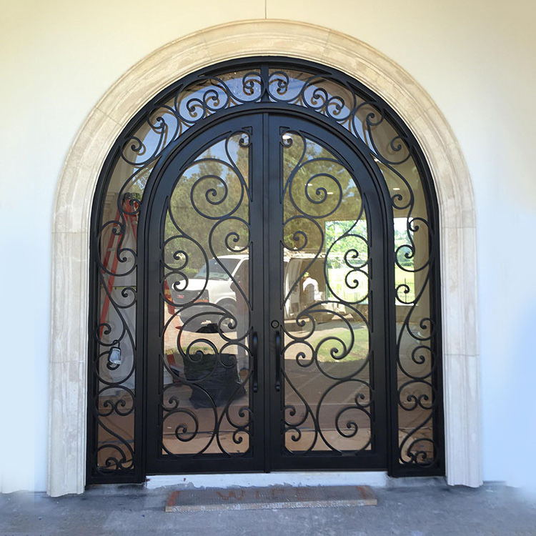 Arch top exterior double entry swing wrought iron main door design