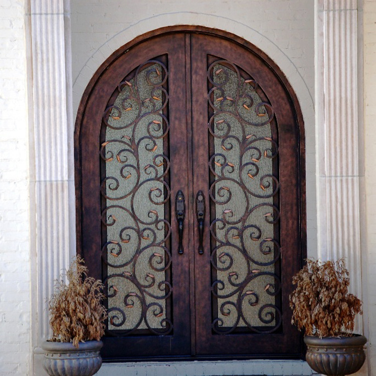 Arch top exterior double entry swing wrought iron main door design