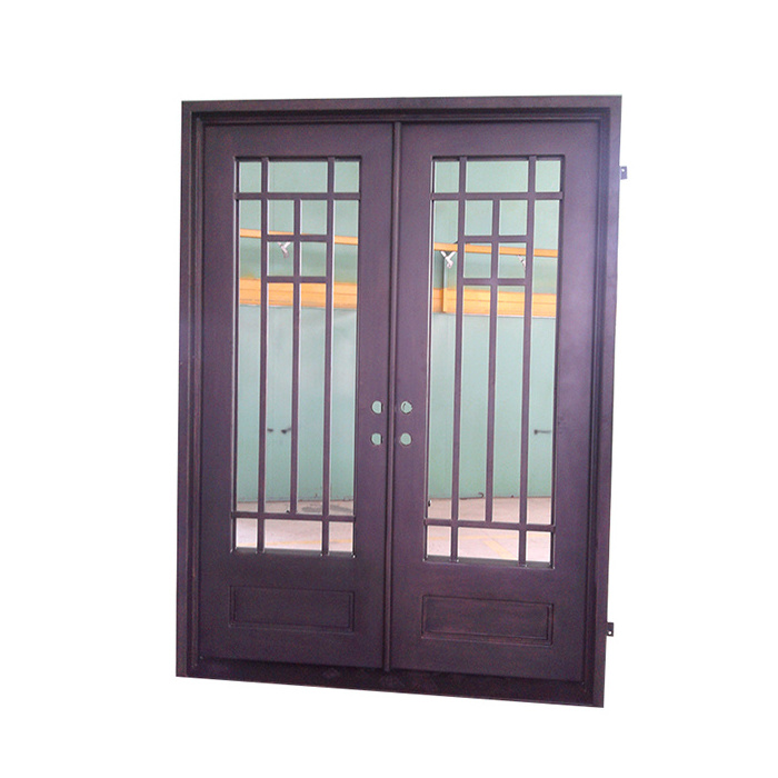 Cheap modern style wrought iron exterior arched double metal mirrored french doors designs