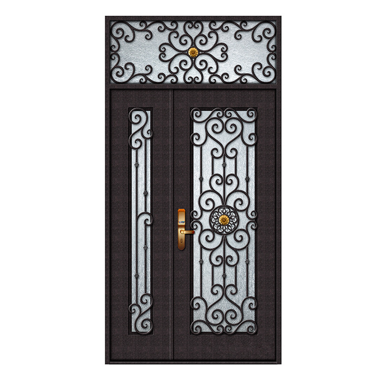 Classical ornamental flat top security iron single entry doors made in China