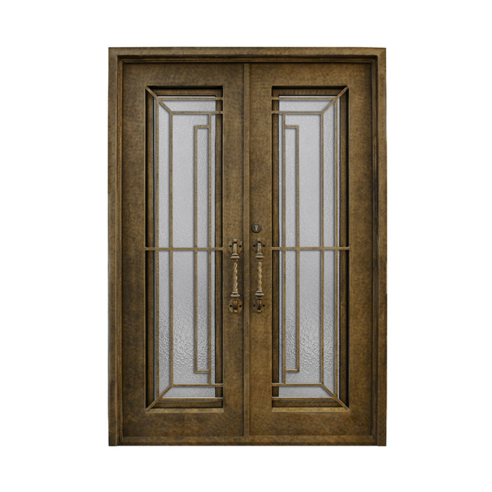 Cheap modern style wrought iron exterior arched double metal mirrored french doors designs