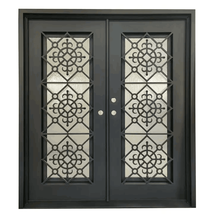 Exterior Metal Double Door Design Luxury Modern American French Style Black Wrought Iron Storm Security Front Entry Doors