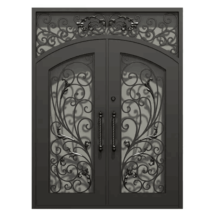 Exterior Metal Double Door Design Luxury Modern American French Style Black Wrought Iron Storm Security Front Entry Doors