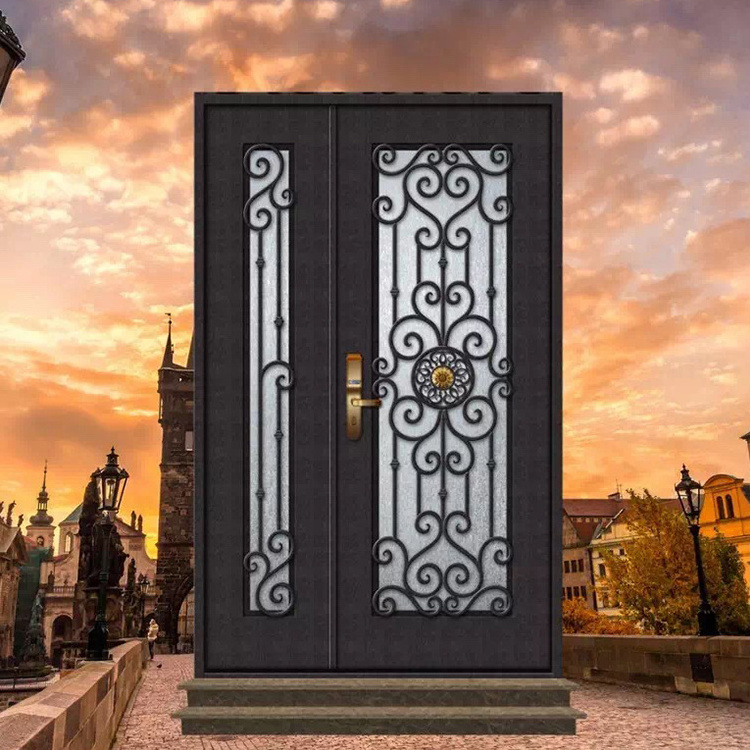 Classical ornamental flat top security iron single entry doors made in China