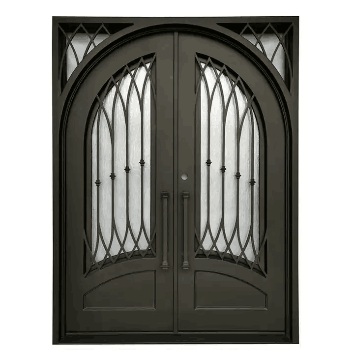 Exterior Metal Double Door Design Luxury Modern American French Style Black Wrought Iron Storm Security Front Entry Doors