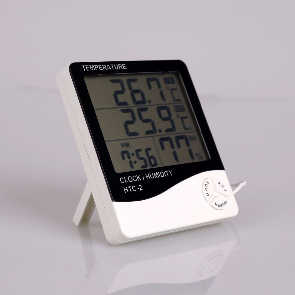 With hygrometer and clock Multifunction digital Thermometer for showing temperature humidity time with LCD display HTC-2