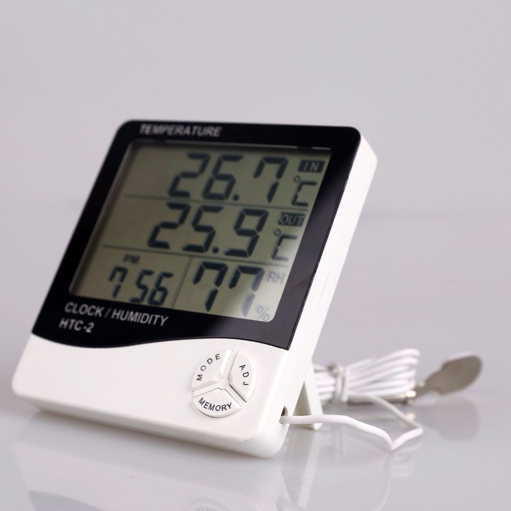 With hygrometer and clock Multifunction digital Thermometer for showing temperature humidity time with LCD display HTC-2