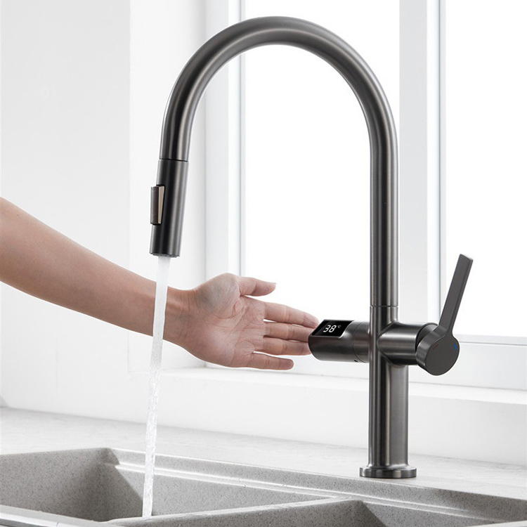 Brass Touchless Infrared Sensor Digital Kitchen Sink Faucets with Pull Down Sprayer