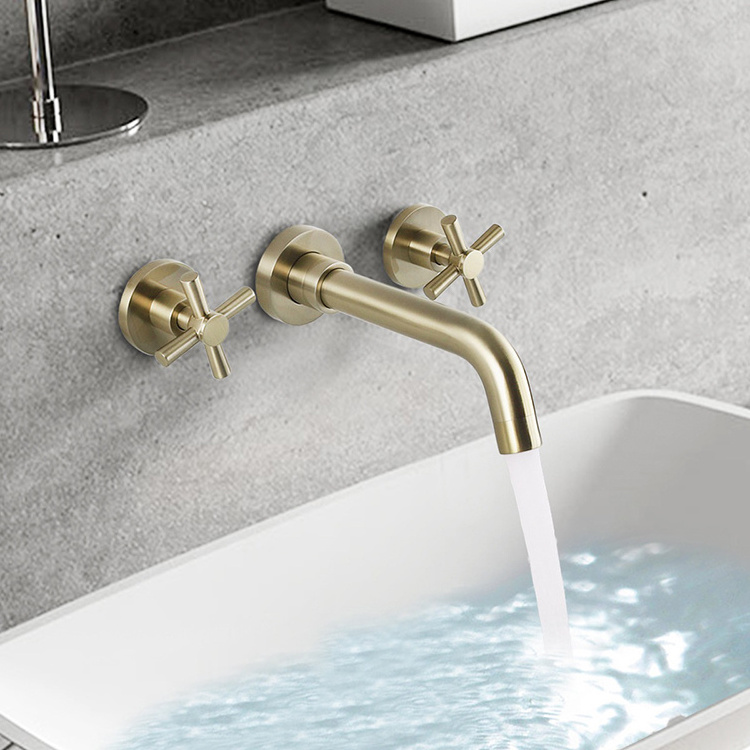 Wall Mounted Concealed Three Hole Dual Cross Handle Brass Black Widespread Bathroom Wash Basin Faucet