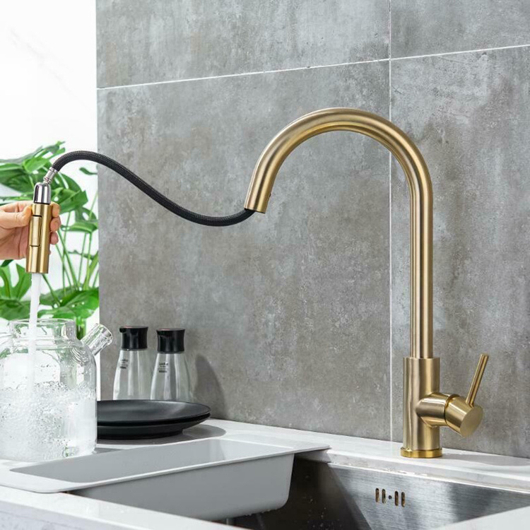 Single Handle Stainless Steel Pull Down Gold Kitchen Faucet