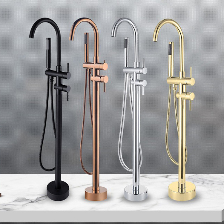 Brass Floor Mounted Freestanding Bathtub Faucet Tap with Wand