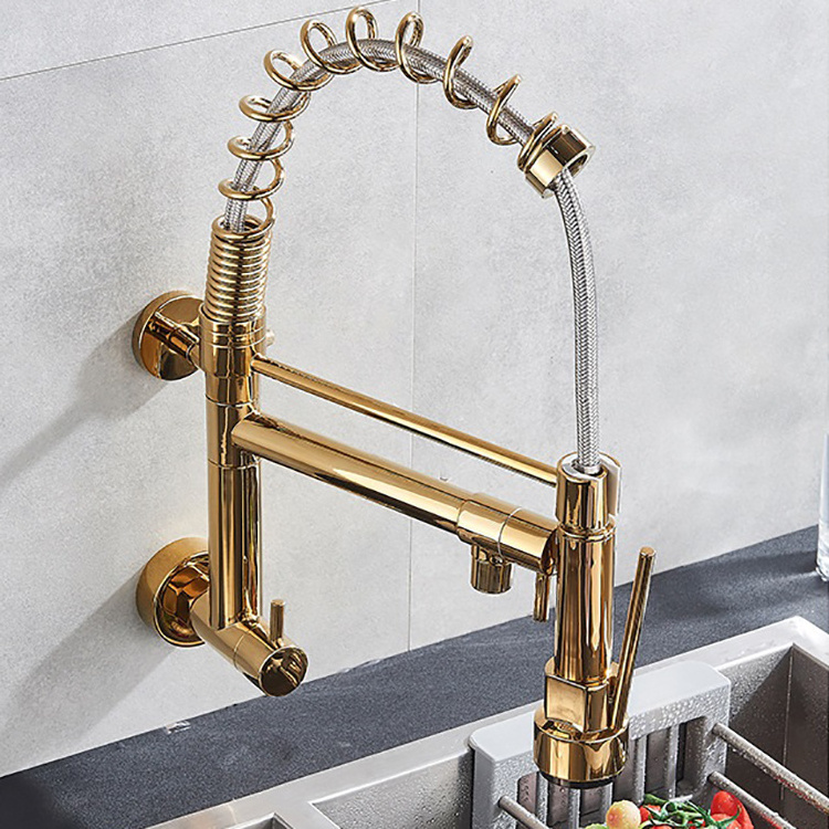 Black Gold Color Single Cold Wall Mounted Pull Down Sprayer Kitchen Swivel Faucet