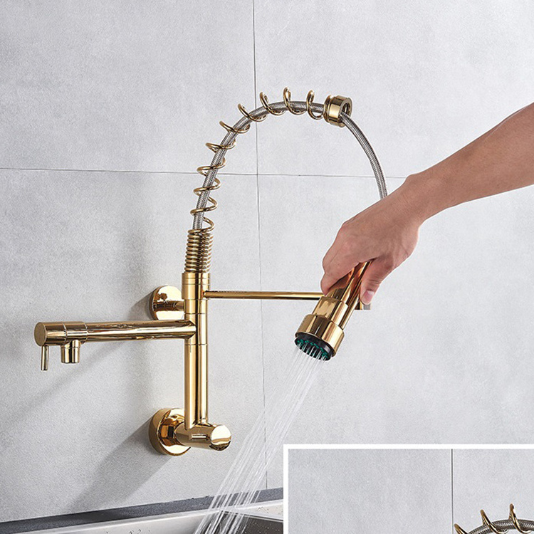 Black Gold Color Single Cold Wall Mounted Pull Down Sprayer Kitchen Swivel Faucet